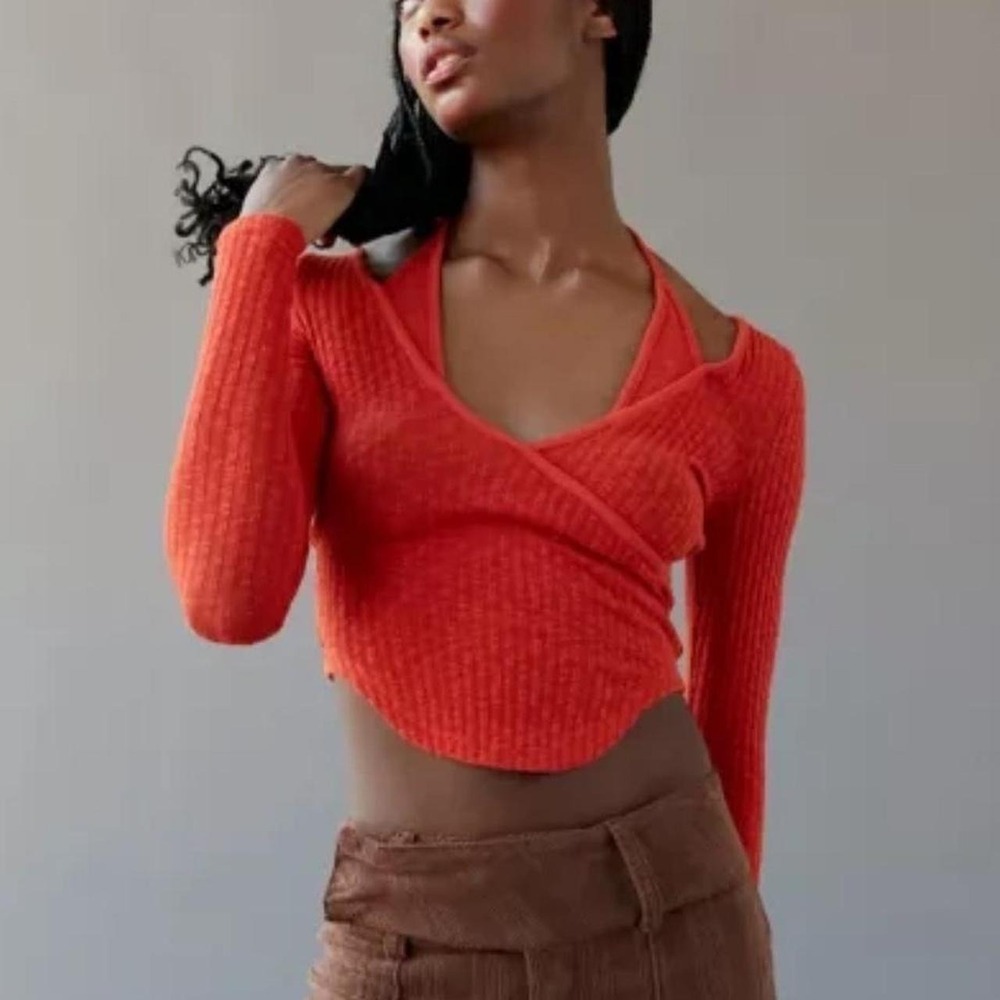 Urban Outfitters Orange Long Sleeve Halter Detail Ribbed Cropped Top Medium